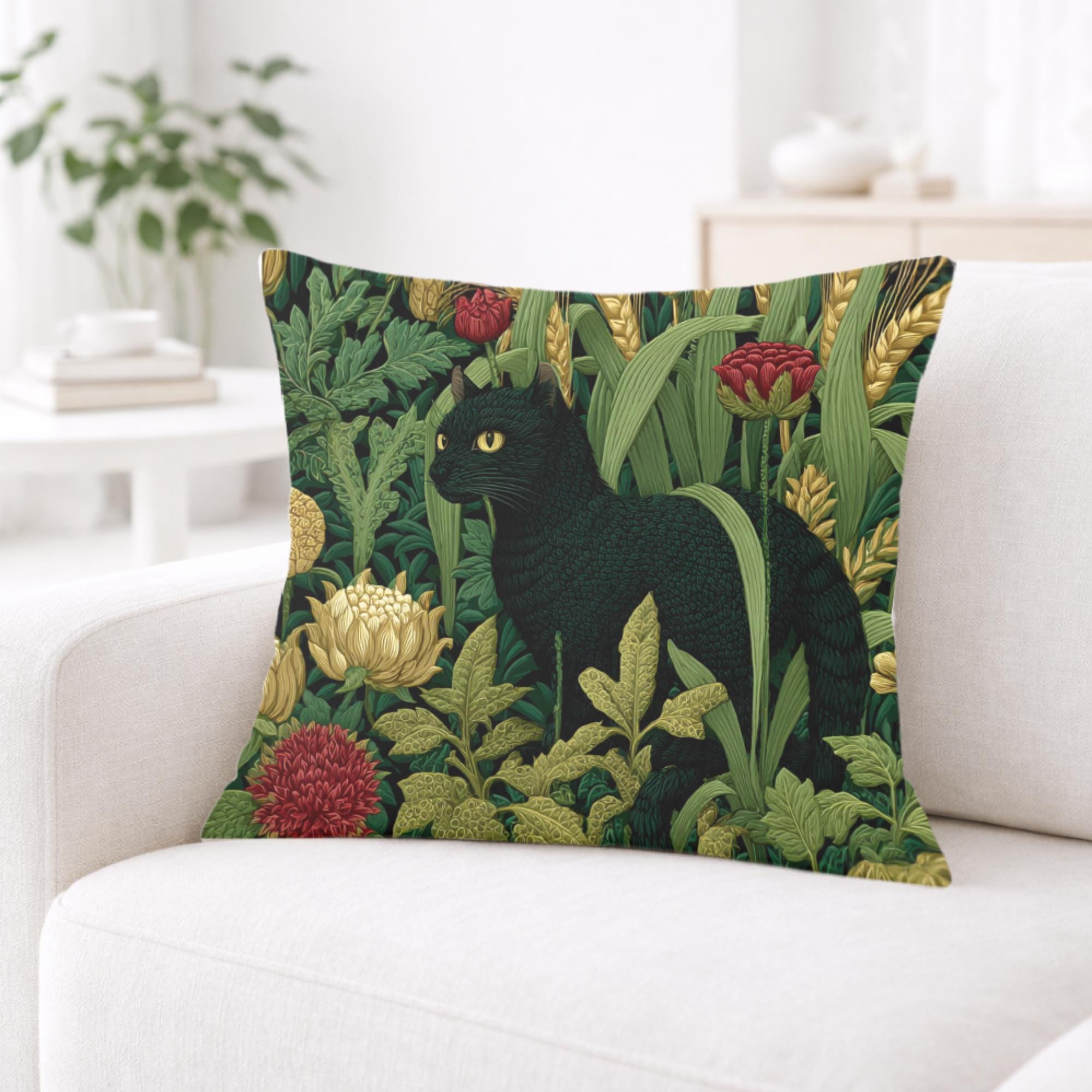 Black Cat Garden Pillow, Moody Botanical Floral Throw Pillow, Elegant Nature Cushion, Vintage Cat Pillowcase, Cottage Garden Decor