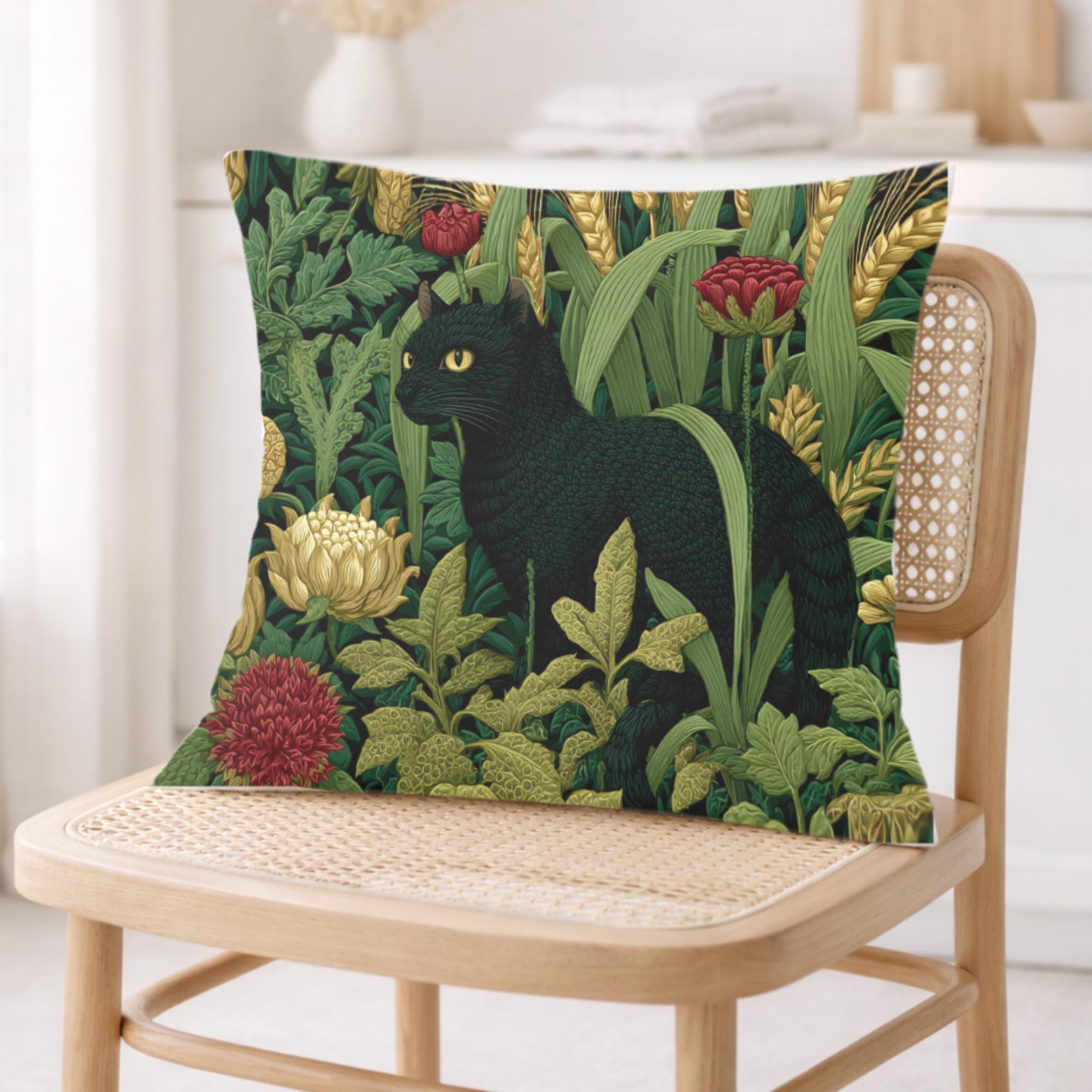 Black Cat Garden Pillow, Moody Botanical Floral Throw Pillow, Elegant Nature Cushion, Vintage Cat Pillowcase, Cottage Garden Decor