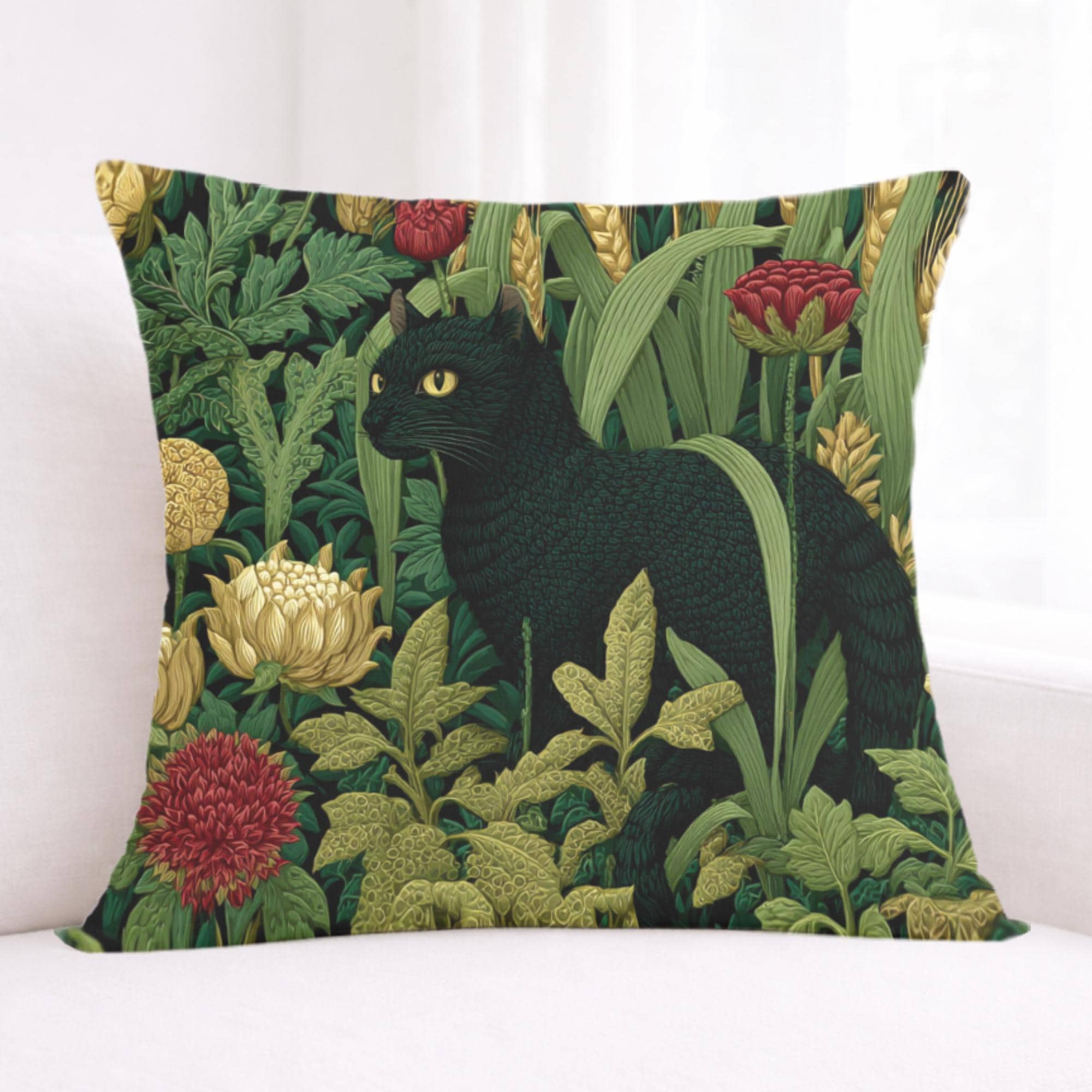 Black Cat Garden Pillow, Moody Botanical Floral Throw Pillow, Elegant Nature Cushion, Vintage Cat Pillowcase, Cottage Garden Decor