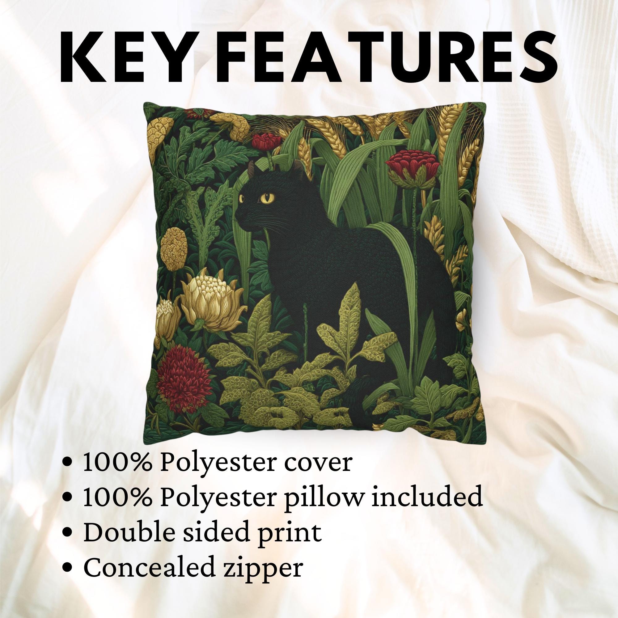 Black Cat Garden Pillow, Moody Botanical Floral Throw Pillow, Elegant Nature Cushion, Vintage Cat Pillowcase, Cottage Garden Decor