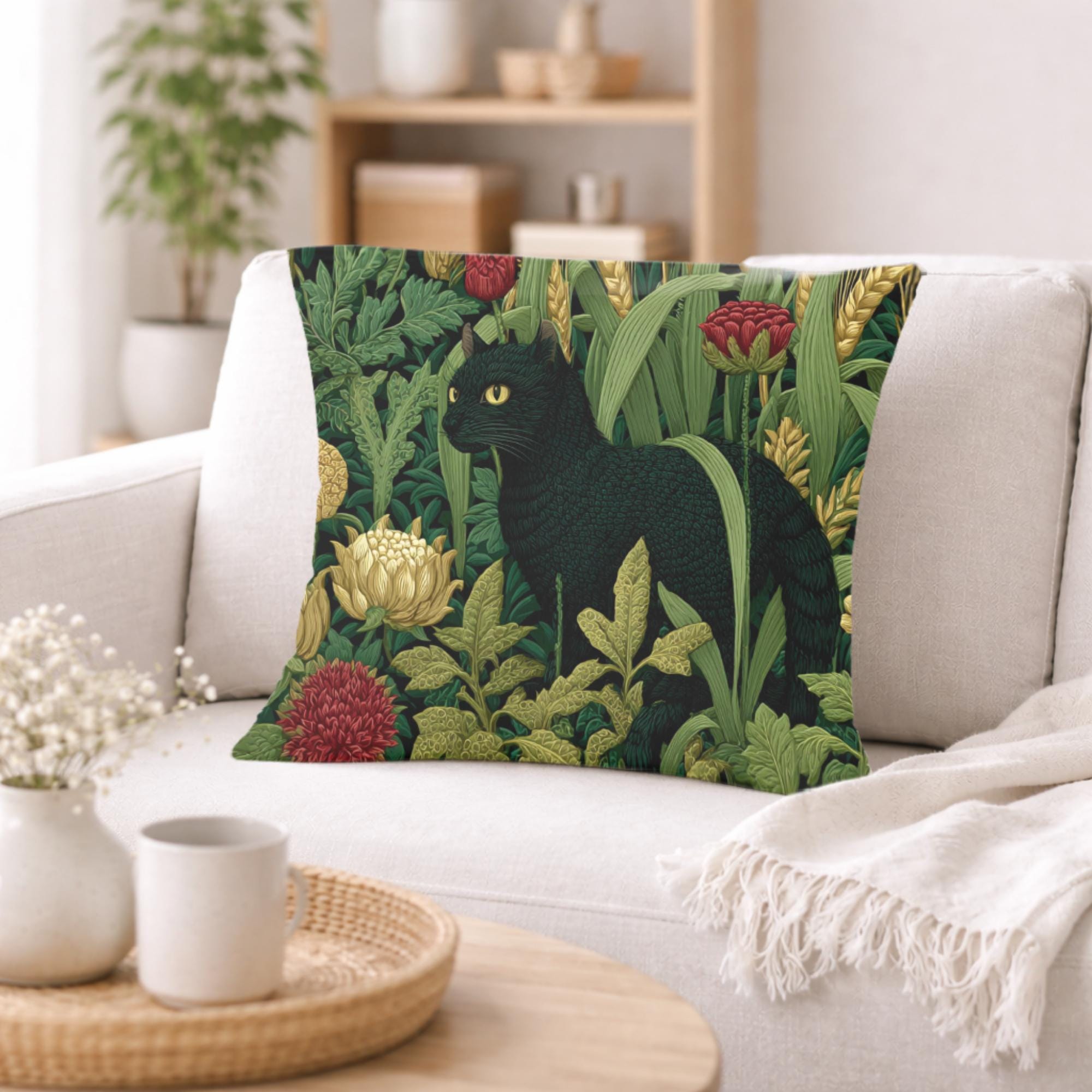 Black Cat Garden Pillow, Moody Botanical Floral Throw Pillow, Elegant Nature Cushion, Vintage Cat Pillowcase, Cottage Garden Decor