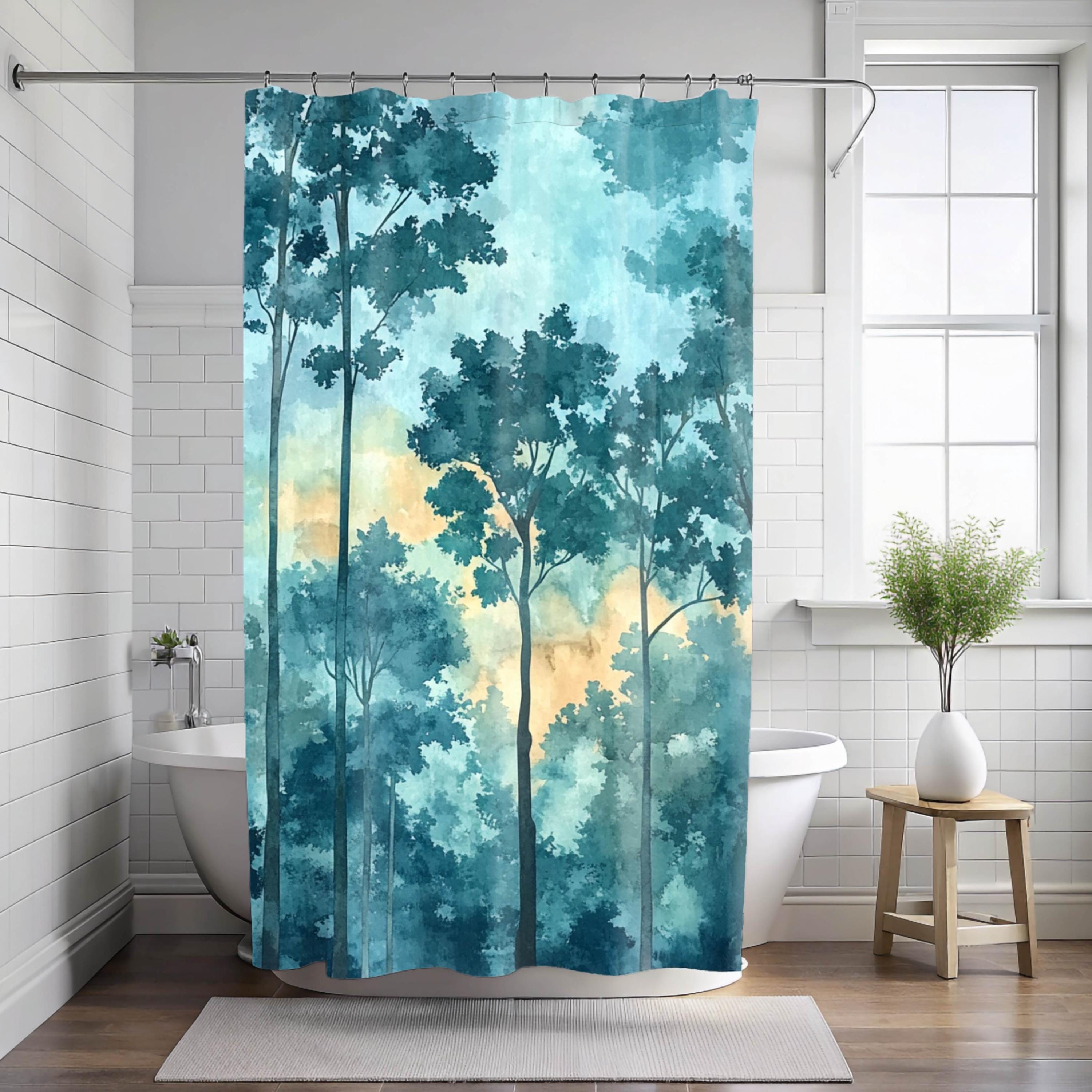 Mist Forest Shower Curtain, Watercolor Tree Silhouette Bathroom Decor, Serene Blue Nature Bath Curtain