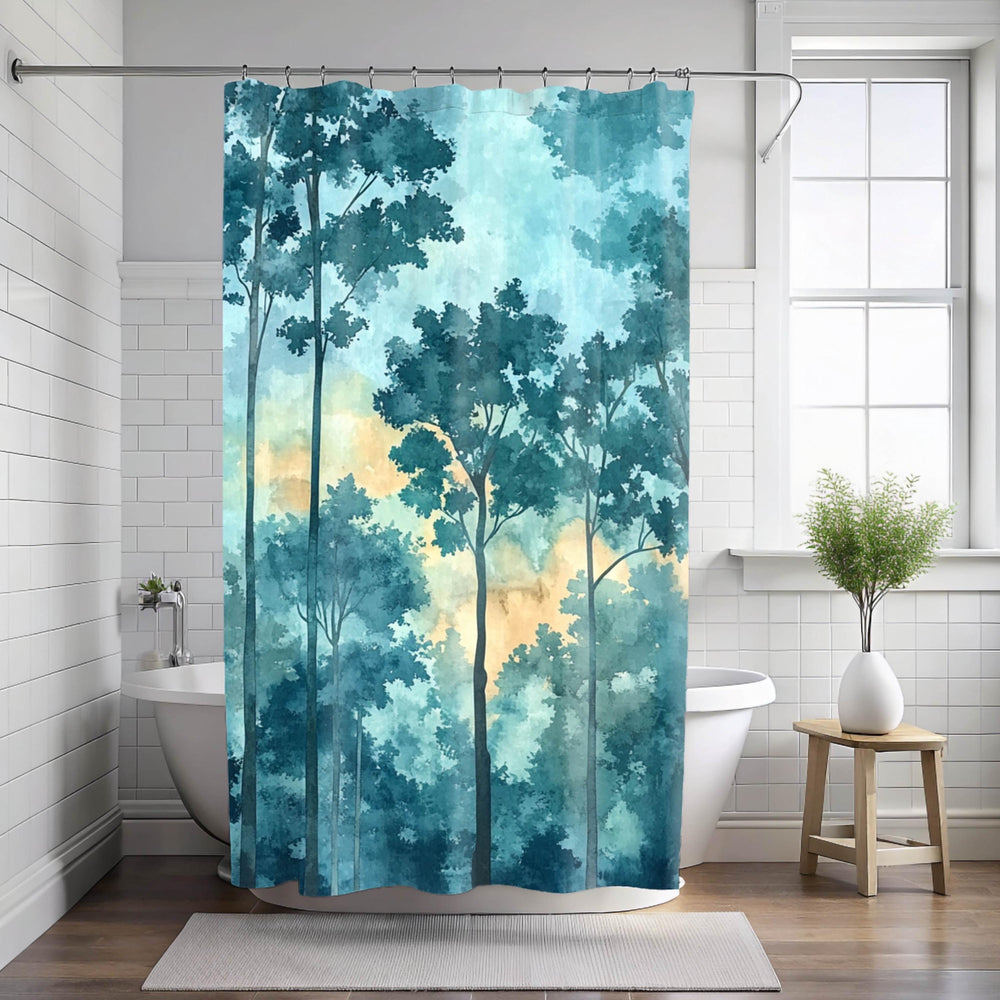 Mist Forest Shower Curtain, Watercolor Tree Silhouette Bathroom Decor, Serene Blue Nature Bath Curtain