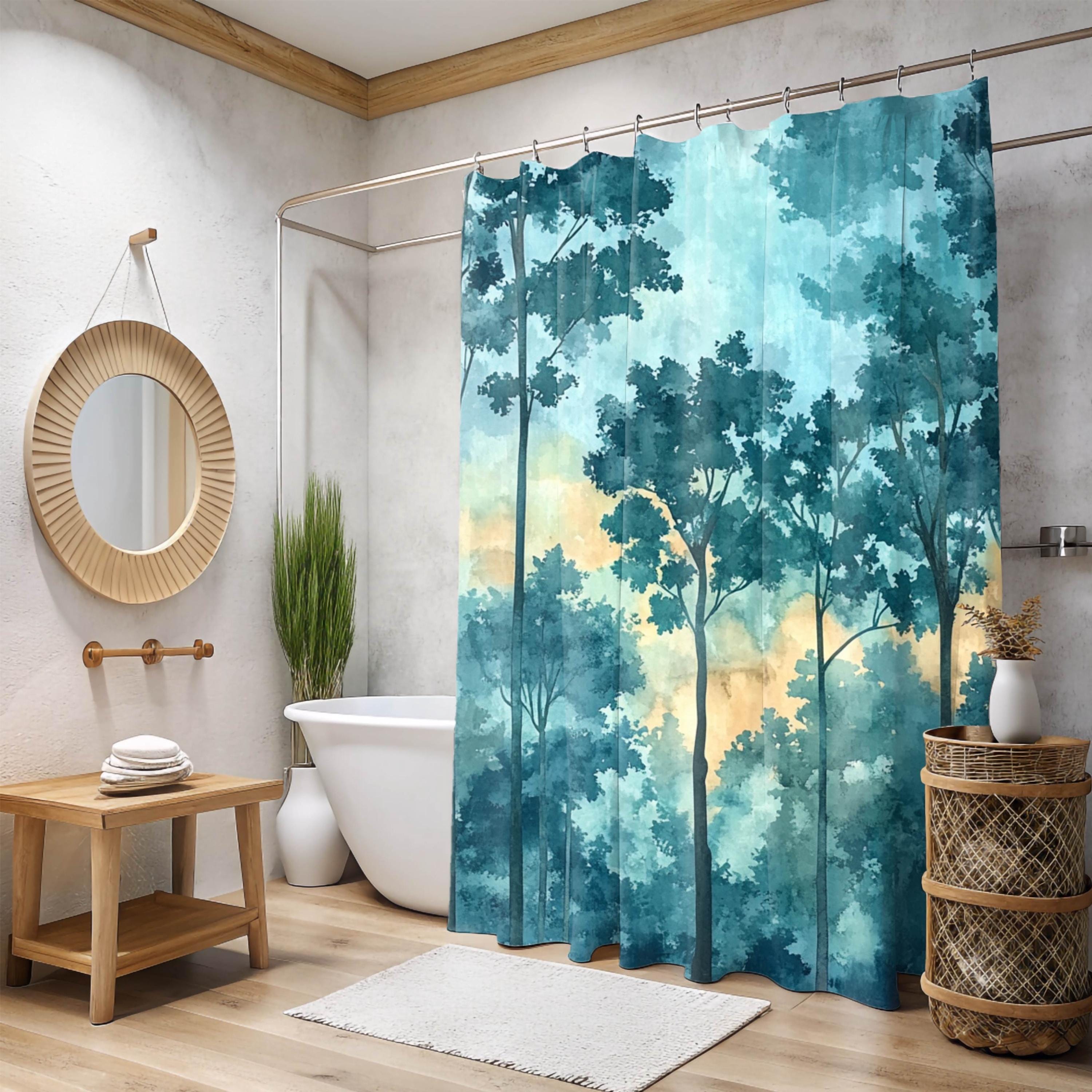Mist Forest Shower Curtain, Watercolor Tree Silhouette Bathroom Decor, Serene Blue Nature Bath Curtain