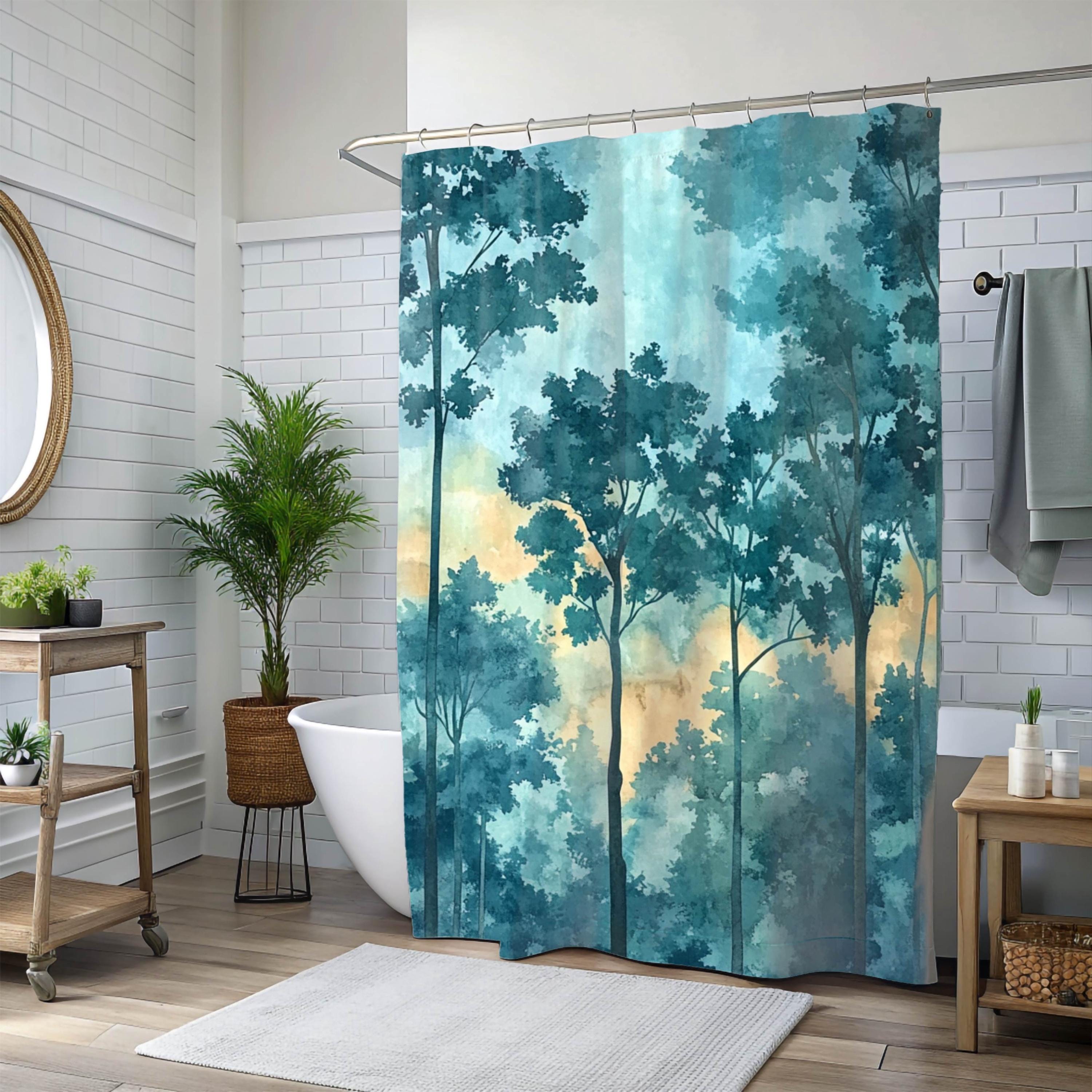 Mist Forest Shower Curtain, Watercolor Tree Silhouette Bathroom Decor, Serene Blue Nature Bath Curtain