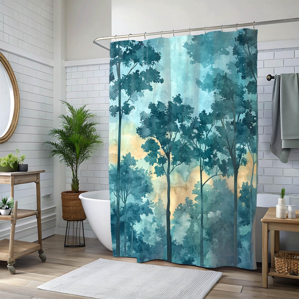 Mist Forest Shower Curtain, Watercolor Tree Silhouette Bathroom Decor, Serene Blue Nature Bath Curtain