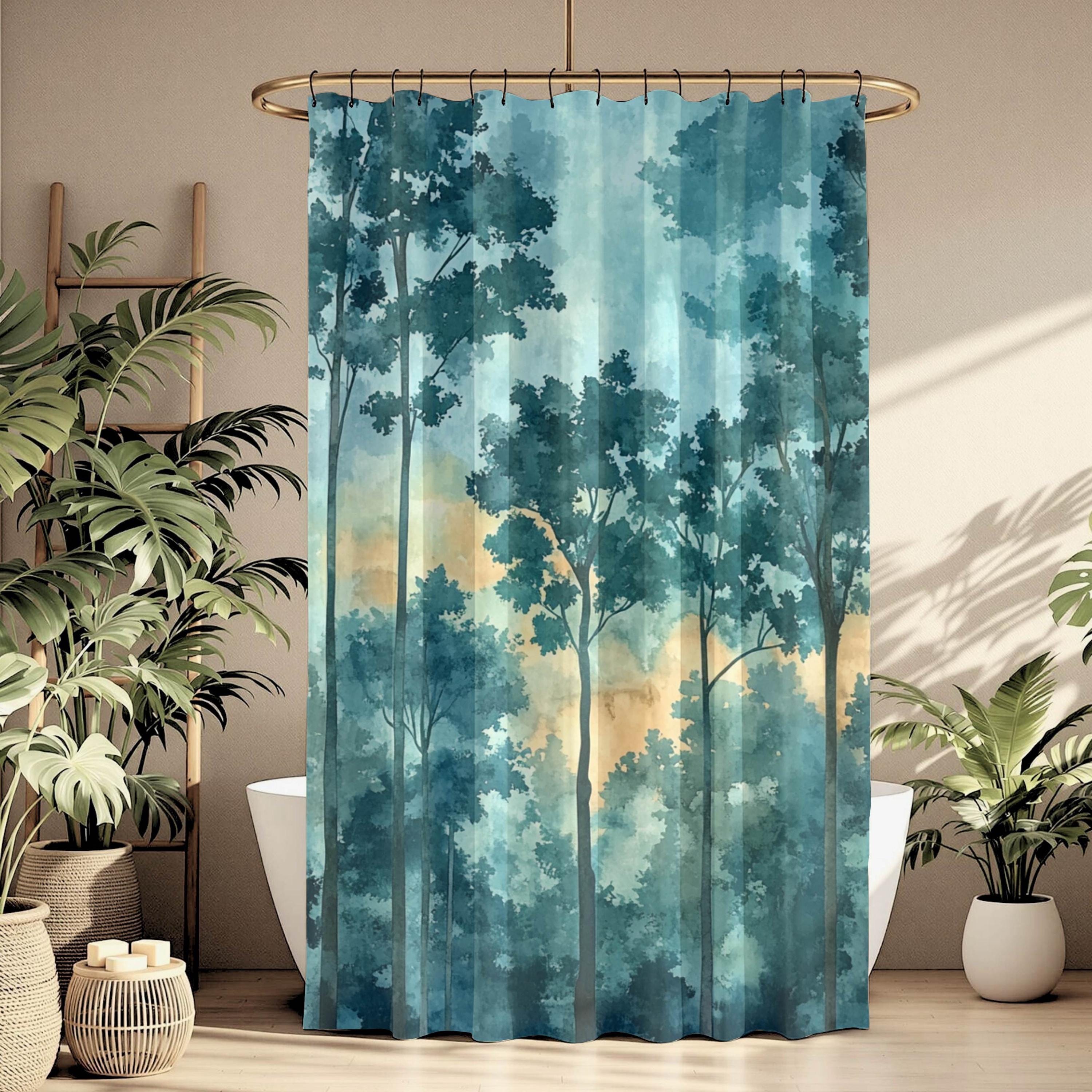 Mist Forest Shower Curtain, Watercolor Tree Silhouette Bathroom Decor, Serene Blue Nature Bath Curtain