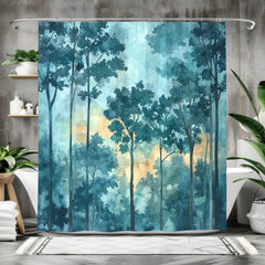 Mist Forest Shower Curtain, Watercolor Tree Silhouette Bathroom Decor, Serene Blue Nature Bath Curtain