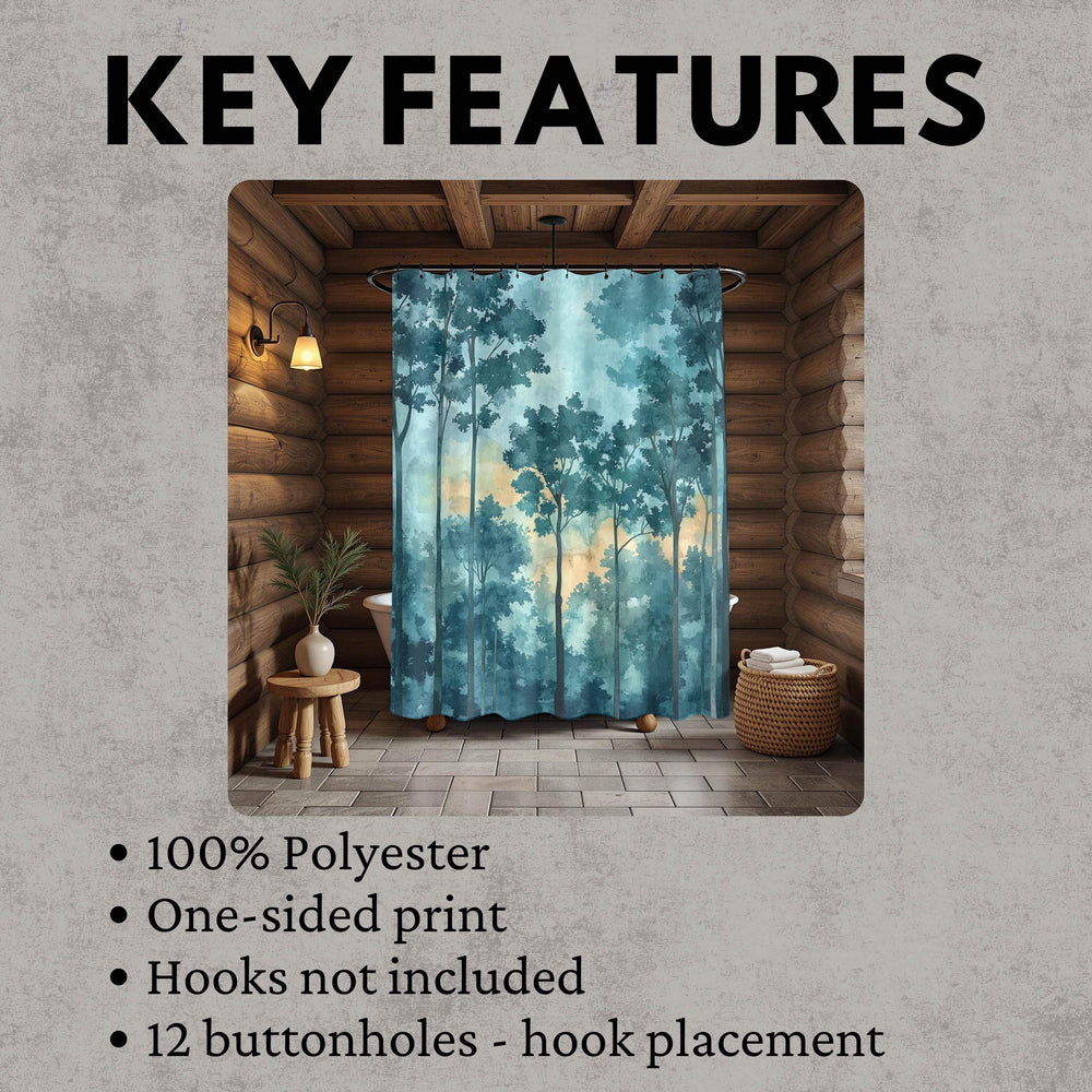 Mist Forest Shower Curtain, Watercolor Tree Silhouette Bathroom Decor, Serene Blue Nature Bath Curtain