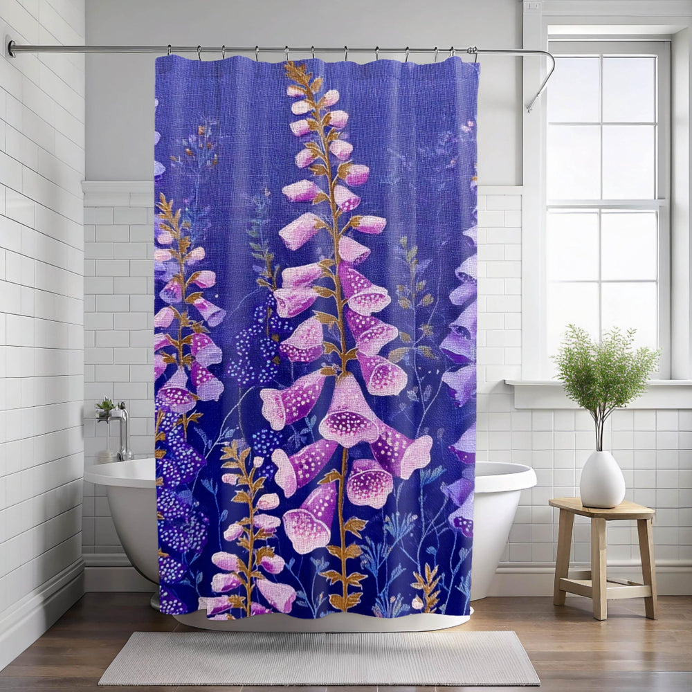 Purple Foxglove Shower Curtain, Cottage Garden Floral Bathroom Decor, Vibrant Wildflower Bath Curtain