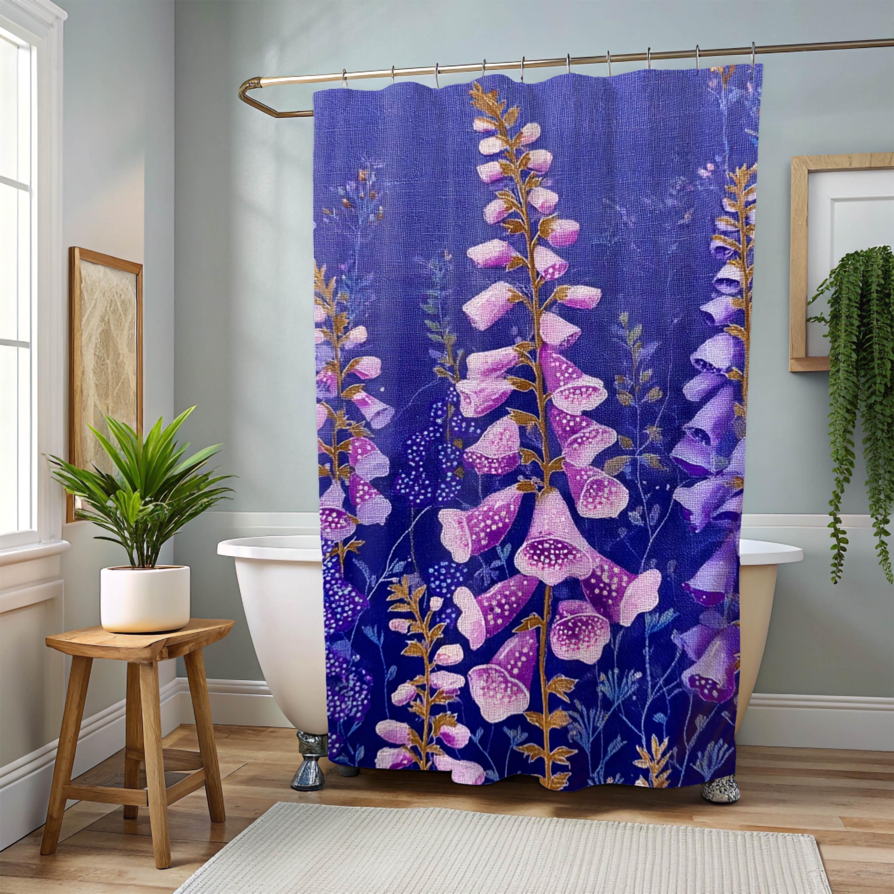 Purple Foxglove Shower Curtain, Cottage Garden Floral Bathroom Decor, Vibrant Wildflower Bath Curtain
