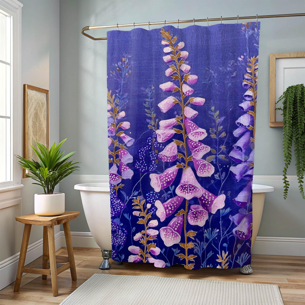 Purple Foxglove Shower Curtain, Cottage Garden Floral Bathroom Decor, Vibrant Wildflower Bath Curtain