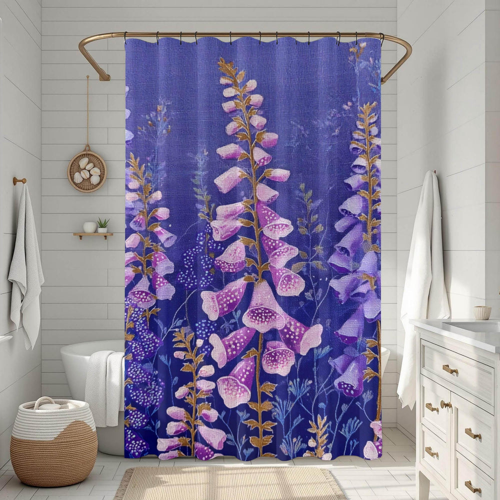 Purple Foxglove Shower Curtain, Cottage Garden Floral Bathroom Decor, Vibrant Wildflower Bath Curtain