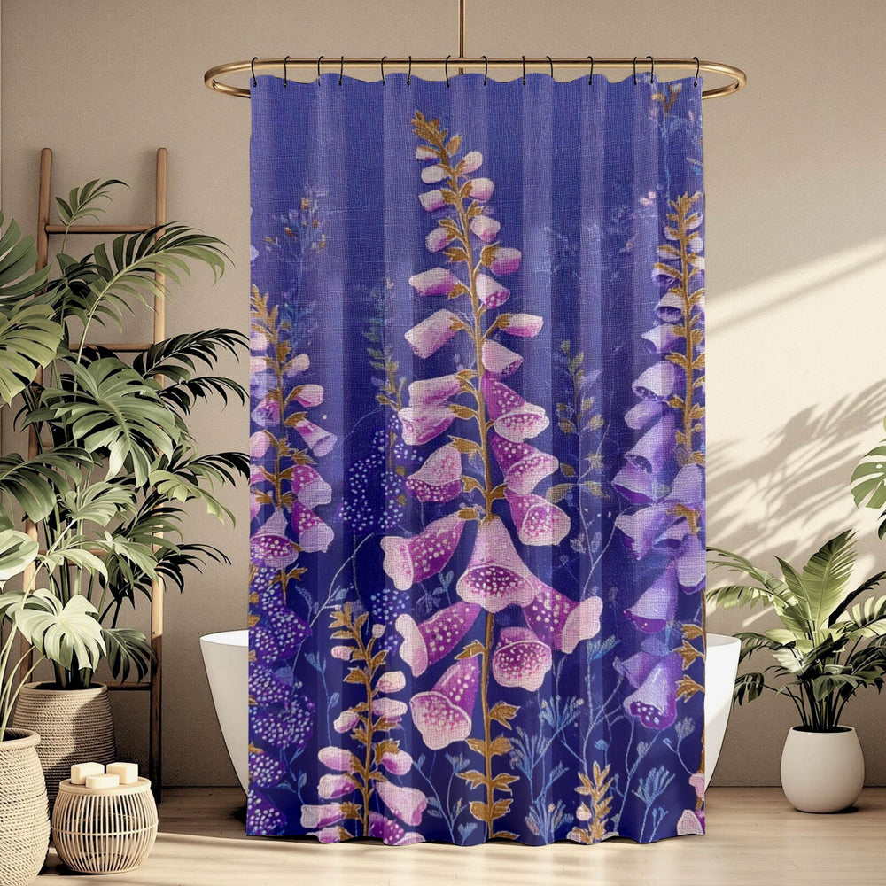 Purple Foxglove Shower Curtain, Cottage Garden Floral Bathroom Decor, Vibrant Wildflower Bath Curtain