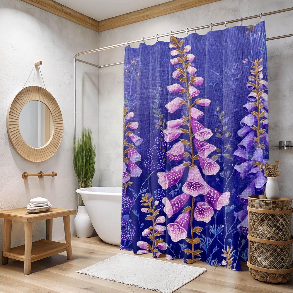 Purple Foxglove Shower Curtain, Cottage Garden Floral Bathroom Decor, Vibrant Wildflower Bath Curtain