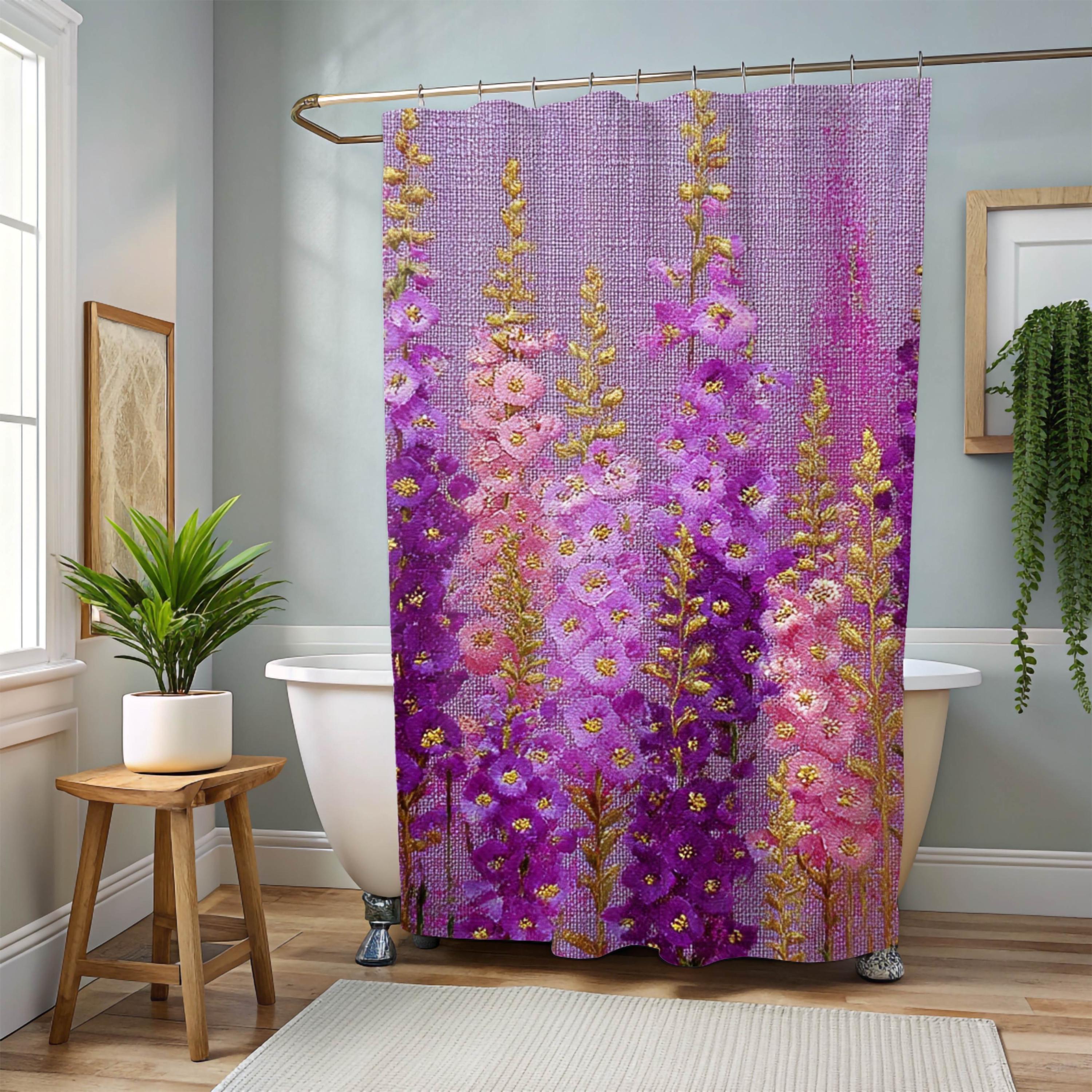 Purple Meadow Flower Shower Curtain, Pink Fuschia Wildflower Bathroom Decor, Cottage Floral Bath Art