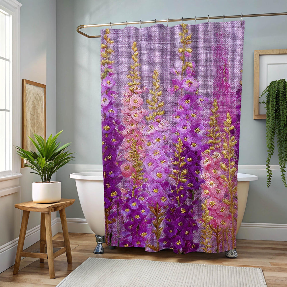Purple Meadow Flower Shower Curtain, Pink Fuschia Wildflower Bathroom Decor, Cottage Floral Bath Art