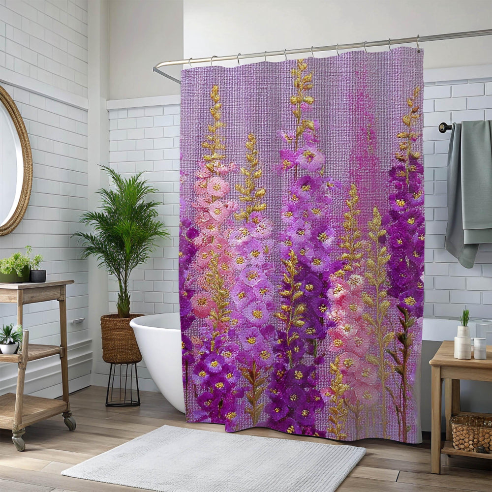 Purple Meadow Flower Shower Curtain, Pink Fuschia Wildflower Bathroom Decor, Cottage Floral Bath Art