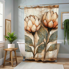 Neutral Rustic Flower Shower Curtain, Vintage Botanical Bathroom Decor, Earthy Bath Art