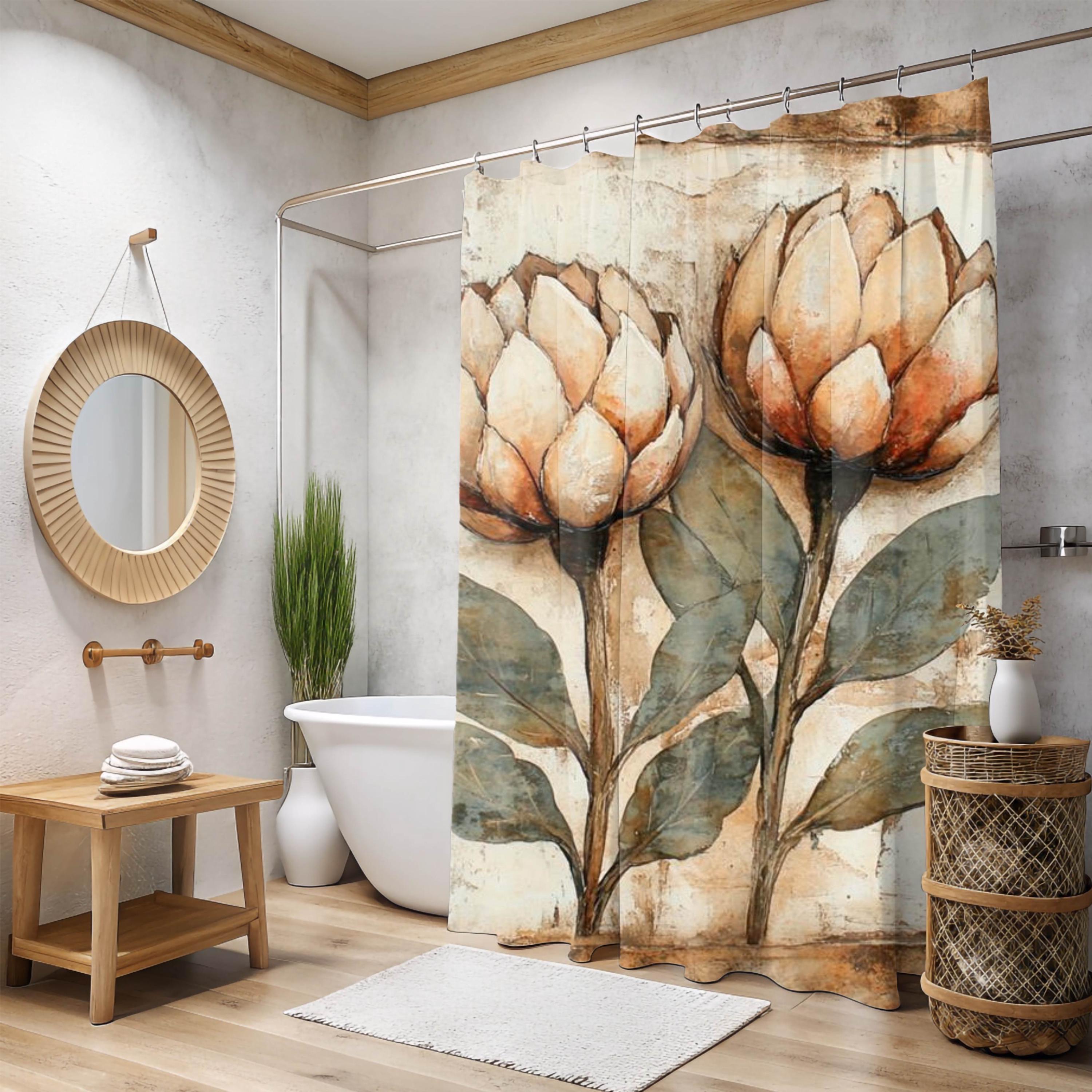 Neutral Rustic Flower Shower Curtain, Vintage Botanical Bathroom Decor, Earthy Bath Art