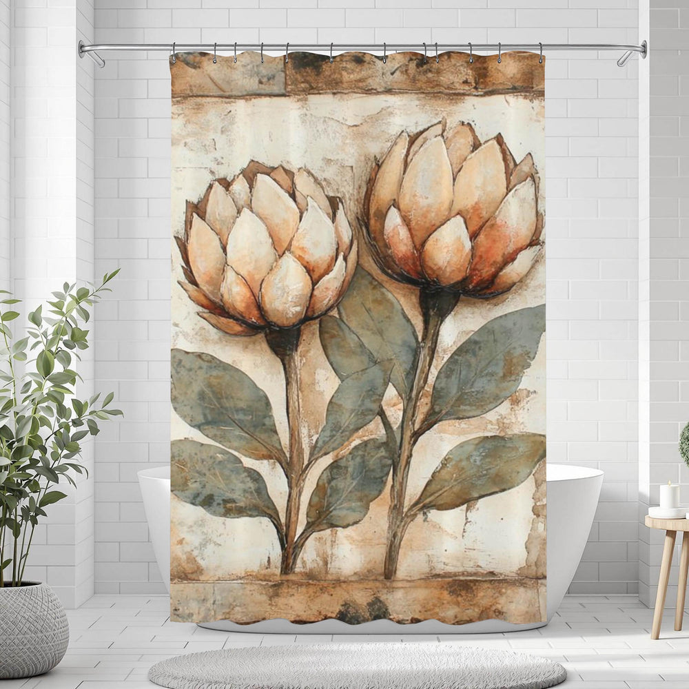 Neutral Rustic Flower Shower Curtain, Vintage Botanical Bathroom Decor, Earthy Bath Art