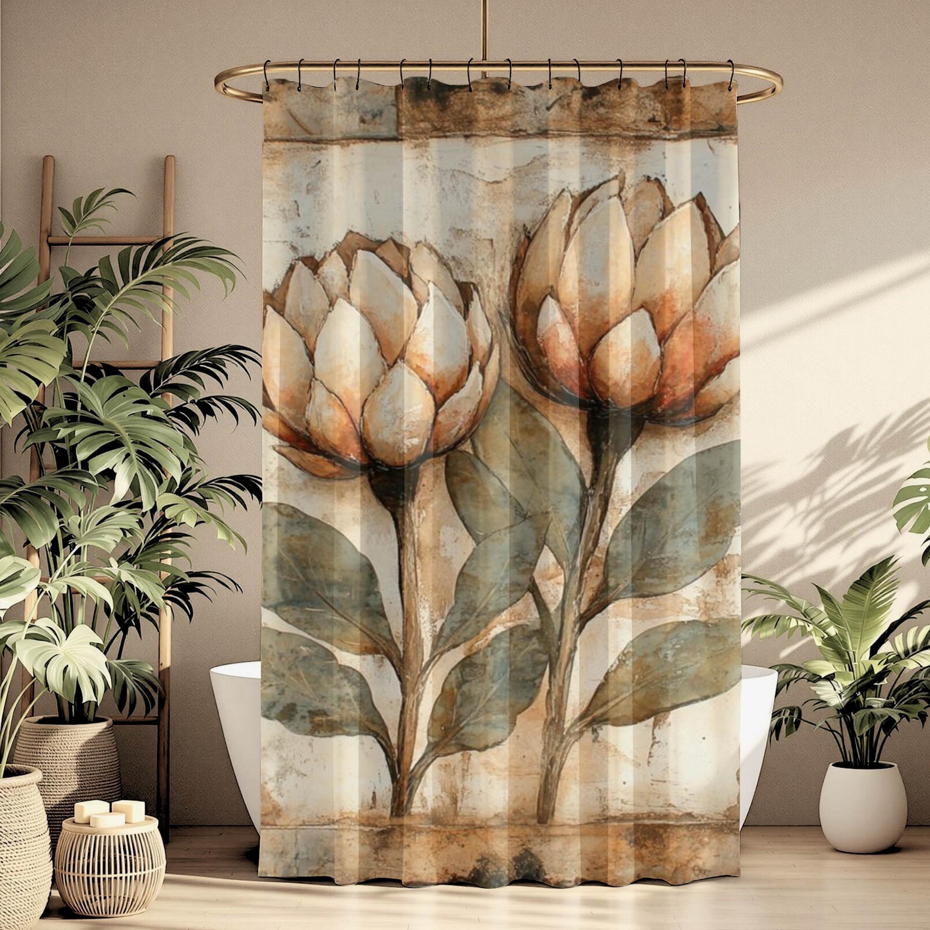 Neutral Rustic Flower Shower Curtain, Vintage Botanical Bathroom Decor, Earthy Bath Art