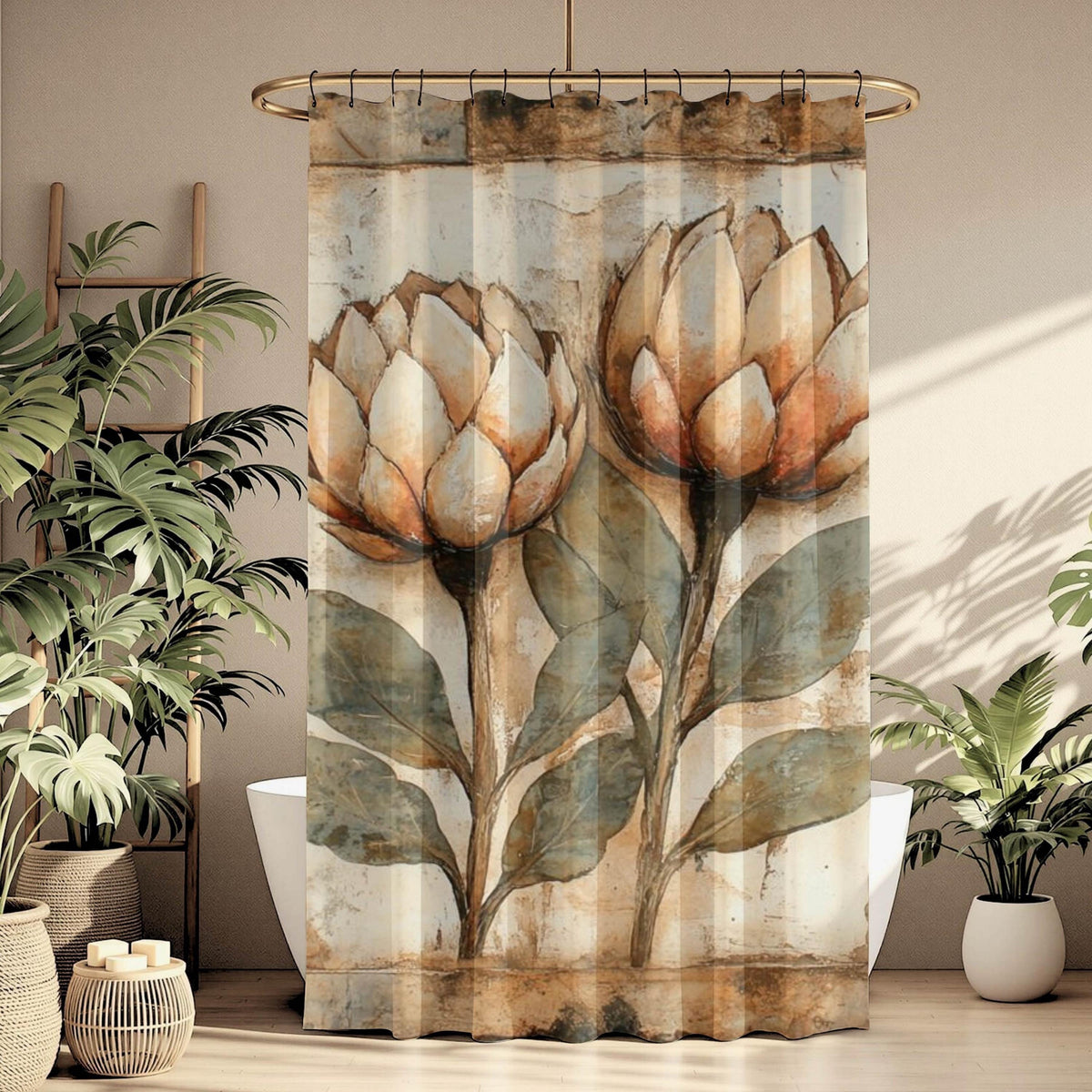 Neutral Rustic Flower Shower Curtain, Vintage Botanical Bathroom Decor, Earthy Bath Art