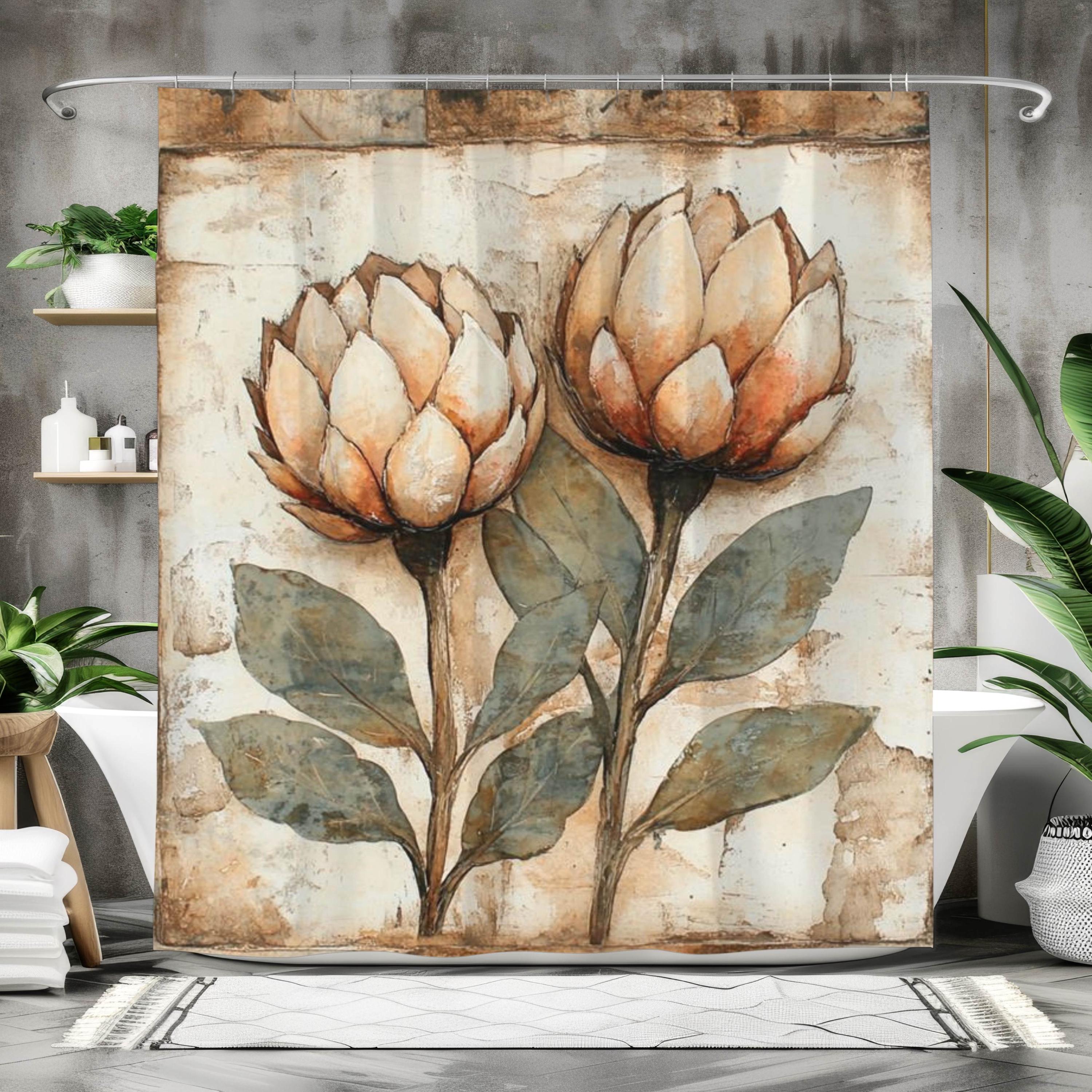 Neutral Rustic Flower Shower Curtain, Vintage Botanical Bathroom Decor, Earthy Bath Art