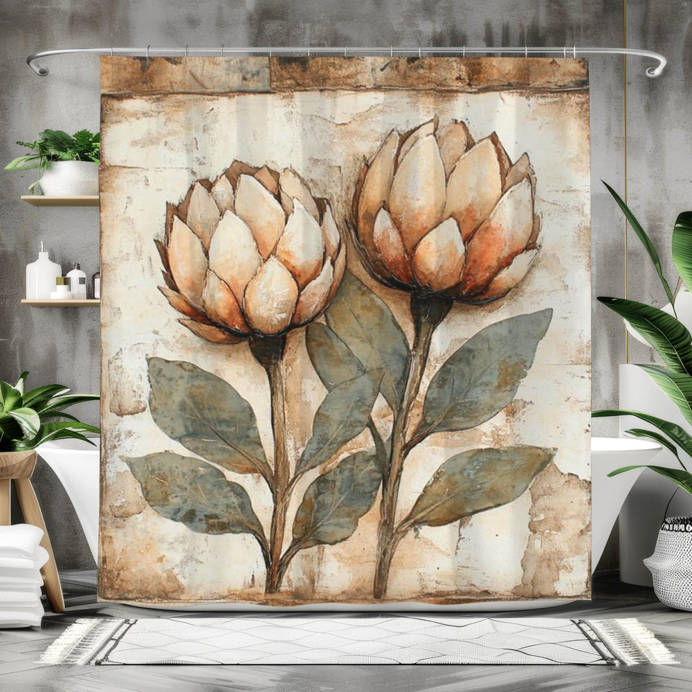 Neutral Rustic Flower Shower Curtain, Vintage Botanical Bathroom Decor, Earthy Bath Art