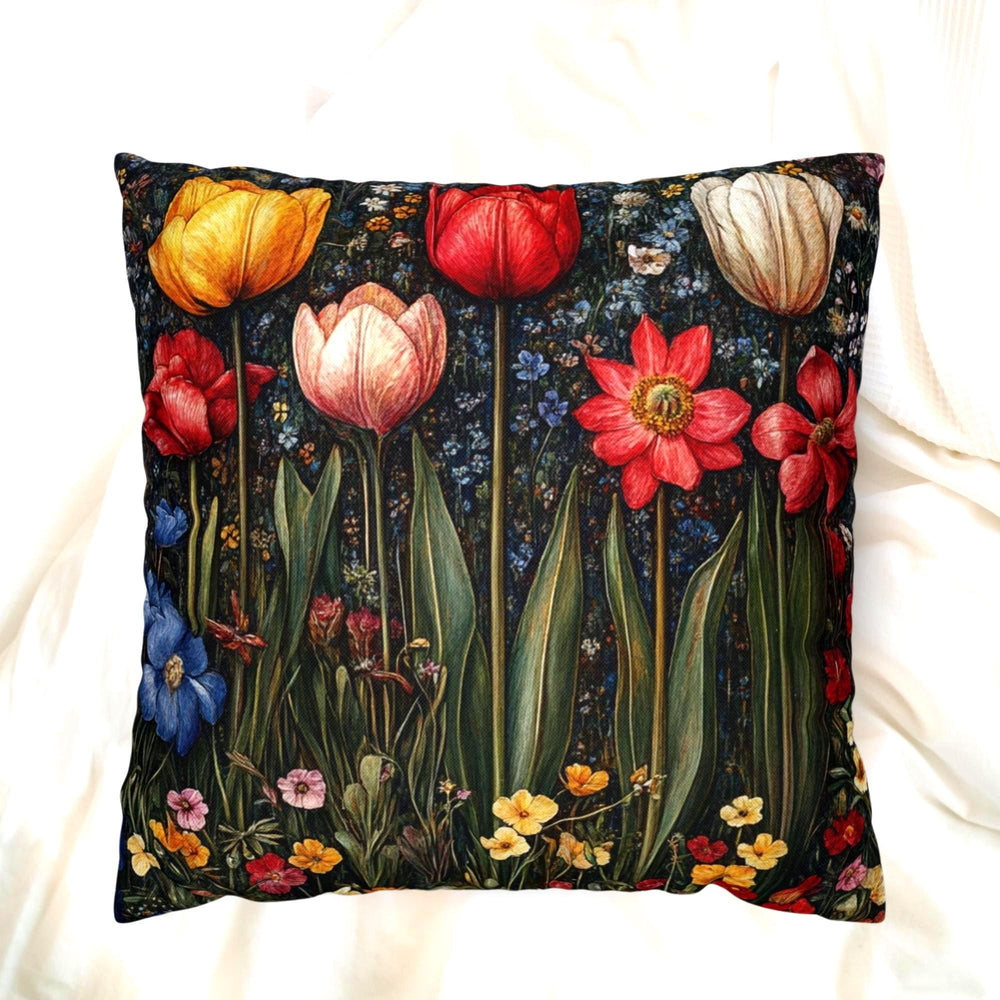Colorful Spring Tulip Throw Pillow, Vintage Wildflower Garden Cushion, Bright Botanical Decor, Floral Meadow Accent Pillow