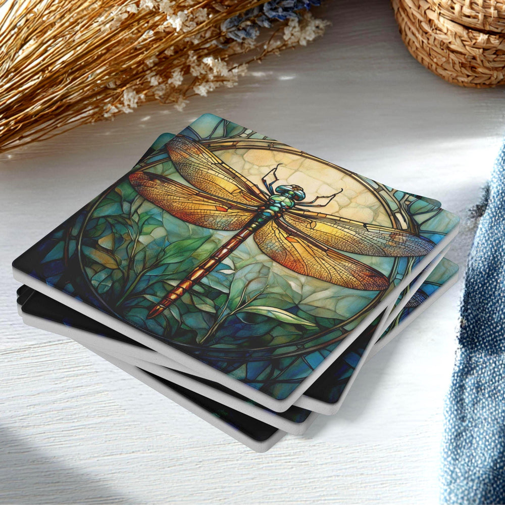 Stained Glass Look Dragonfly Coaster Set of 4, Nature-Inspired Boho Art Coasters, Ceramic Coaster Set Gift