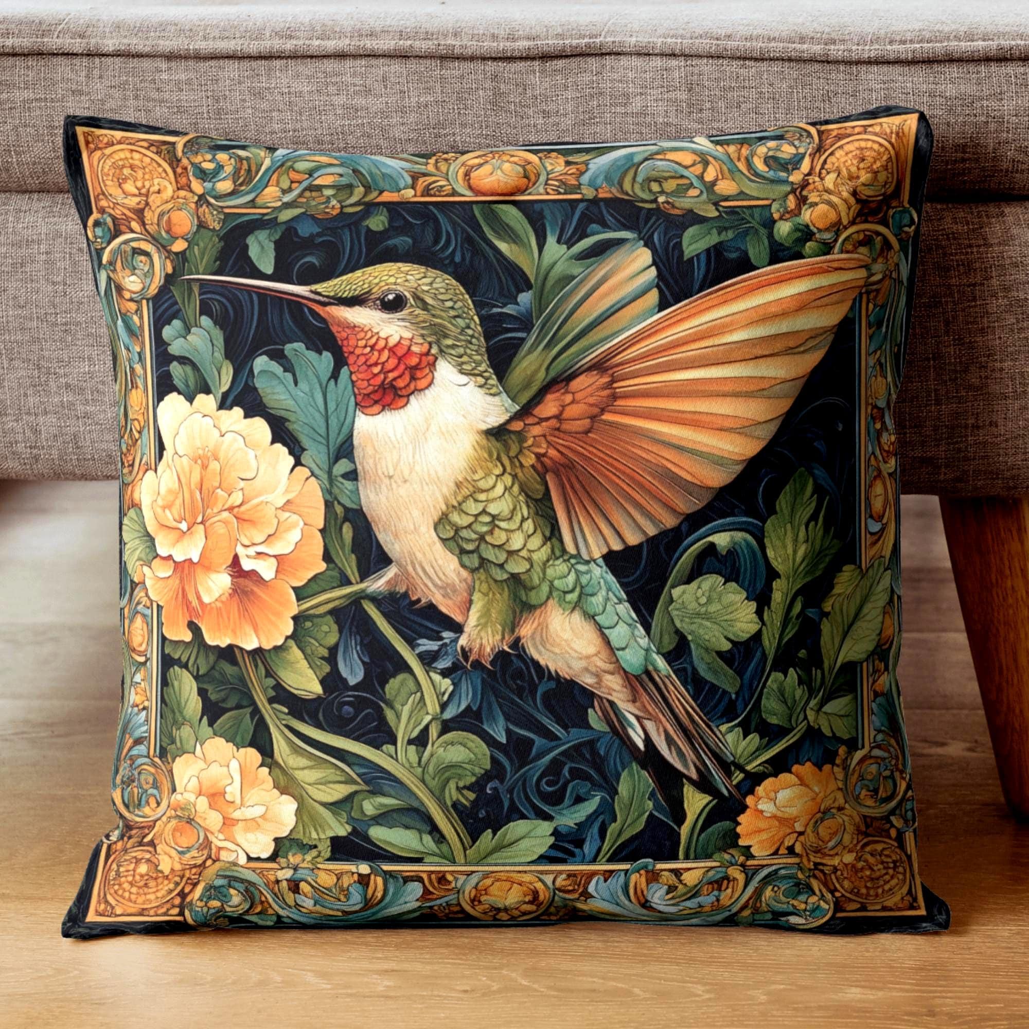 Hummingbird Botanical Pillow, Art Nouveau Floral Cushion, Vintage Nature Throw Pillow, William Morris Pillowcase, Elegant Cottage Accent
