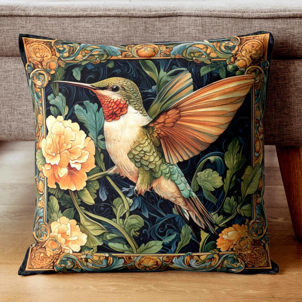 Hummingbird Botanical Pillow, Art Nouveau Floral Cushion, Vintage Nature Throw Pillow, William Morris Pillowcase, Elegant Cottage Accent