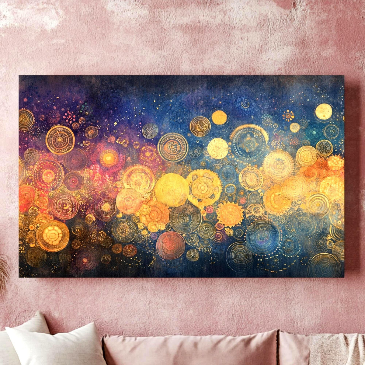 Golden Circle Wall Art Wooden Frame Canvas, Abstract Geometric Print, Metallic Orb Design, Cosmic Energy Artwork, Modern Zen Decor