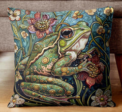 Whimsical Frog Pillow, Botanical Garden Cushion, Forest Nature Inspired Throw Pillow, William Morris Frog Pillowcase, Animal Couch Accent