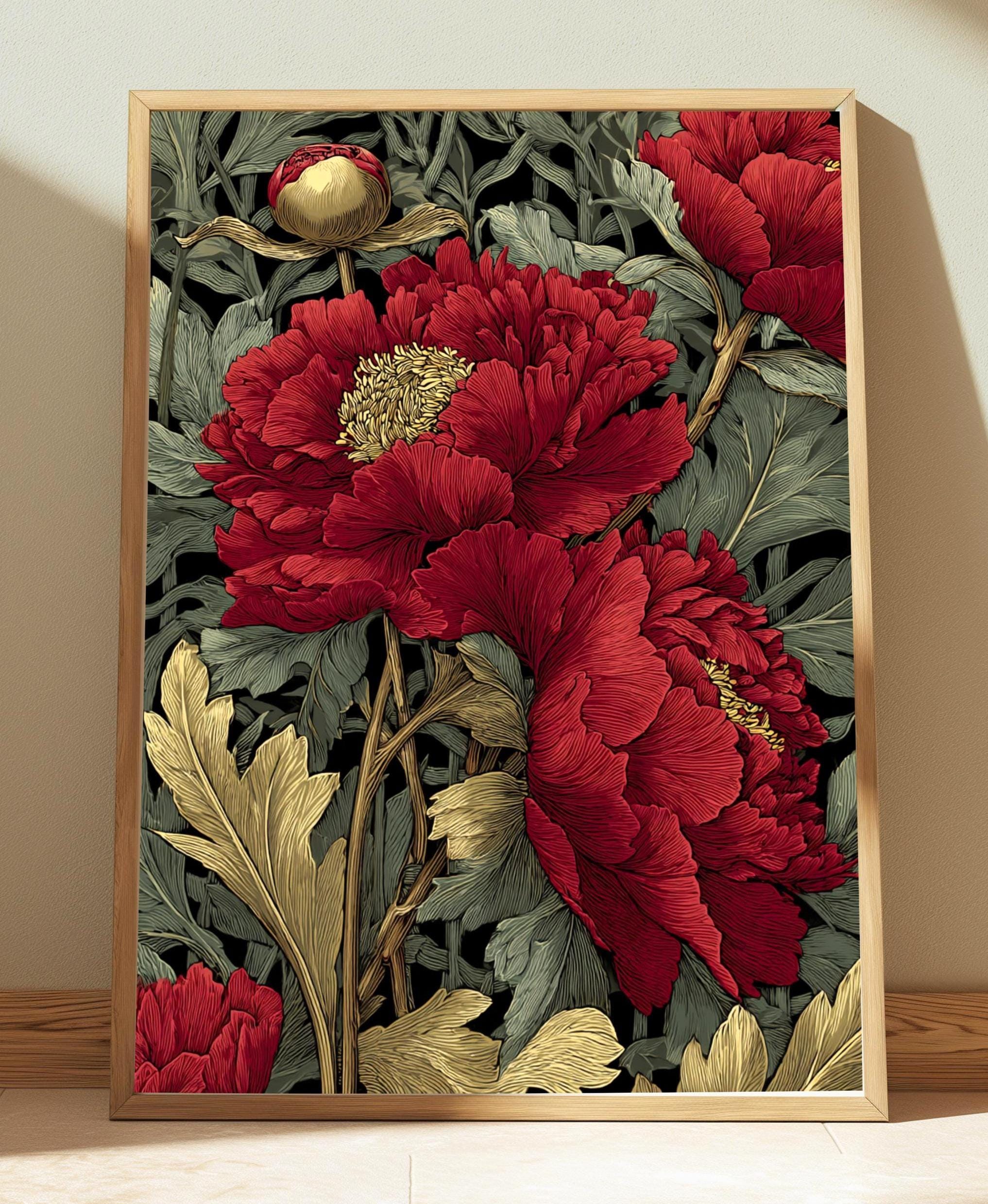 Red Peony Flower Wall Art, William Morris Style Floral Canvas, Vintage Botanical Print, Romantic Nature Decor, Gift for Flower Lovers