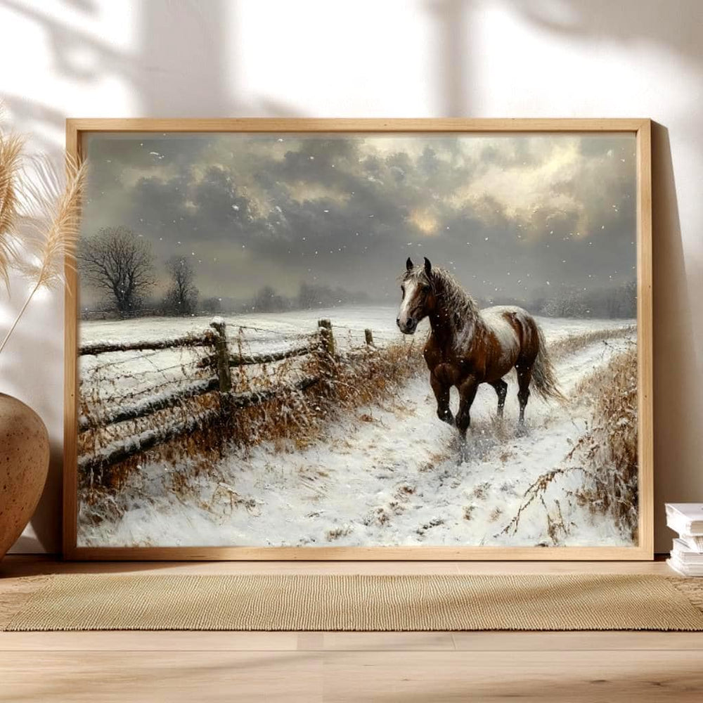 Winter Horse Landscape Wall Art, Rustic Country Farm Canvas, Snowy Field Print, Nature Inspired Equestrian Home Decor, Horse Lover Gift