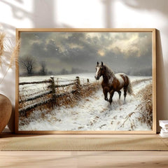 Winter Horse Landscape Wall Art, Rustic Country Farm Canvas, Snowy Field Print, Nature Inspired Equestrian Home Decor, Horse Lover Gift