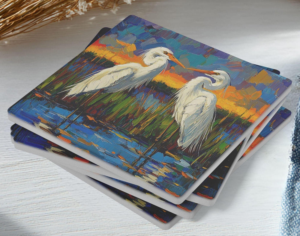 Impressionist Egret Coaster Set of 4, Abstract Coastal Bird Art Coasters, Bold Color Marsh Scene Ceramic Coaster Set