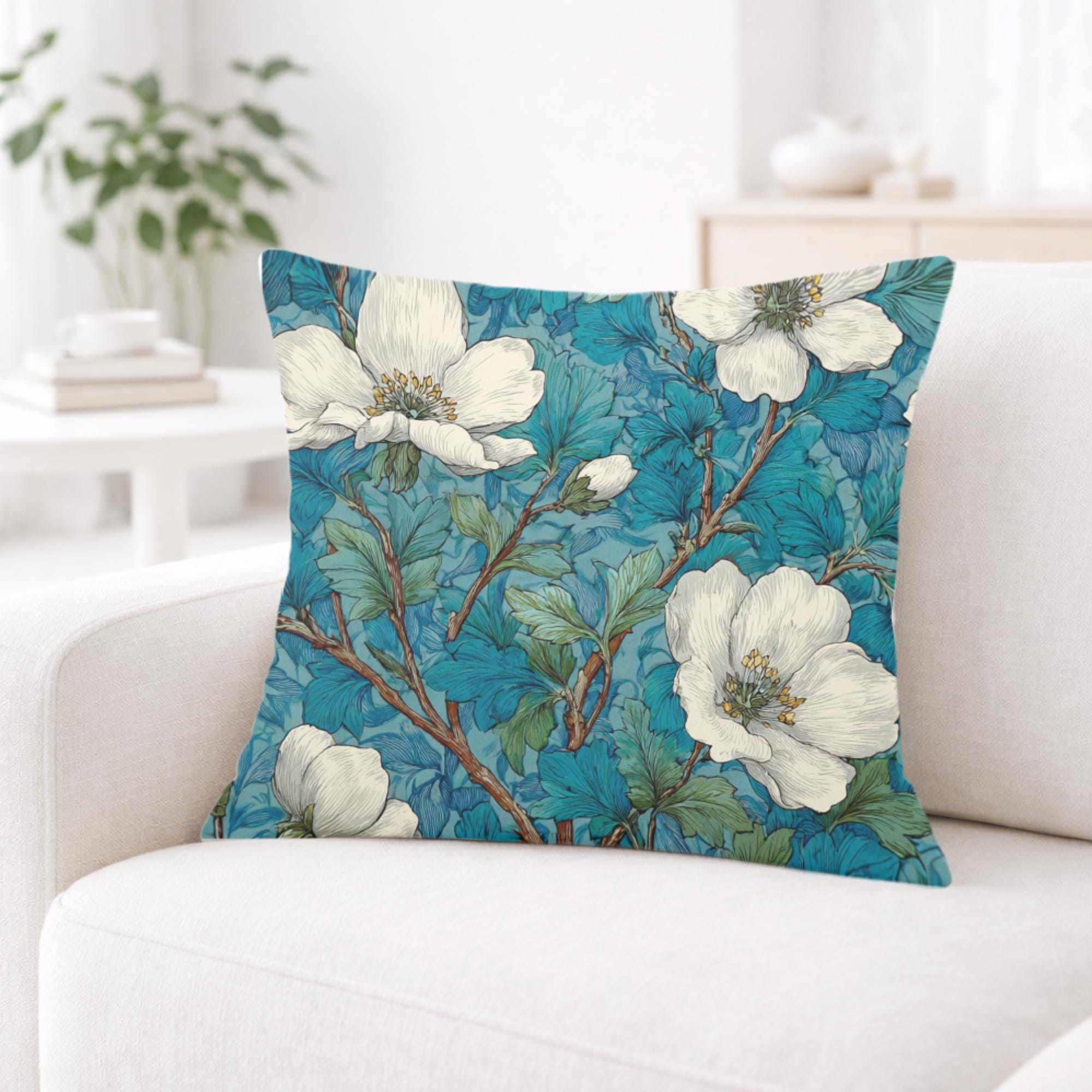 White Magnolia Pillow, Teal Botanical Floral Throw Pillow, Vintage Garden Cushion, Elegant Nature Pillowcase, Classic Cottage Decor