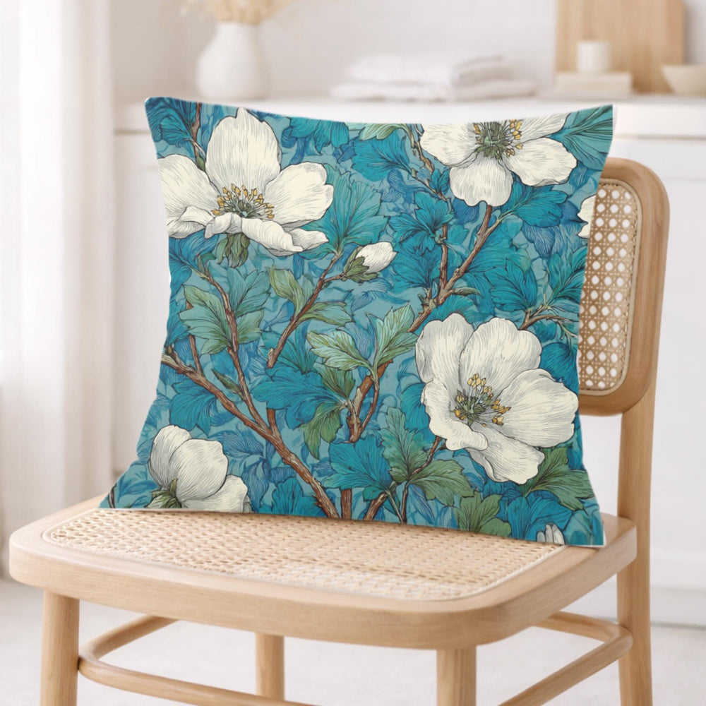 White Magnolia Pillow, Teal Botanical Floral Throw Pillow, Vintage Garden Cushion, Elegant Nature Pillowcase, Classic Cottage Decor