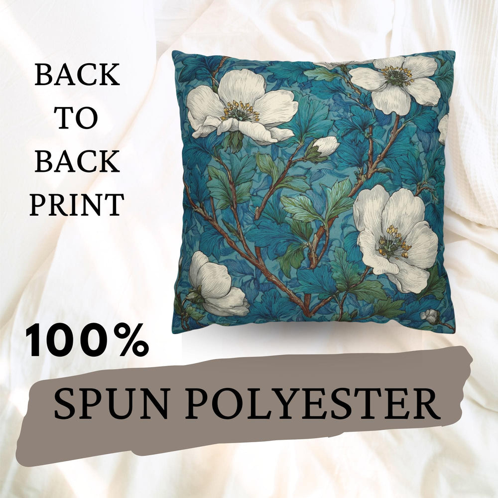 White Magnolia Pillow, Teal Botanical Floral Throw Pillow, Vintage Garden Cushion, Elegant Nature Pillowcase, Classic Cottage Decor