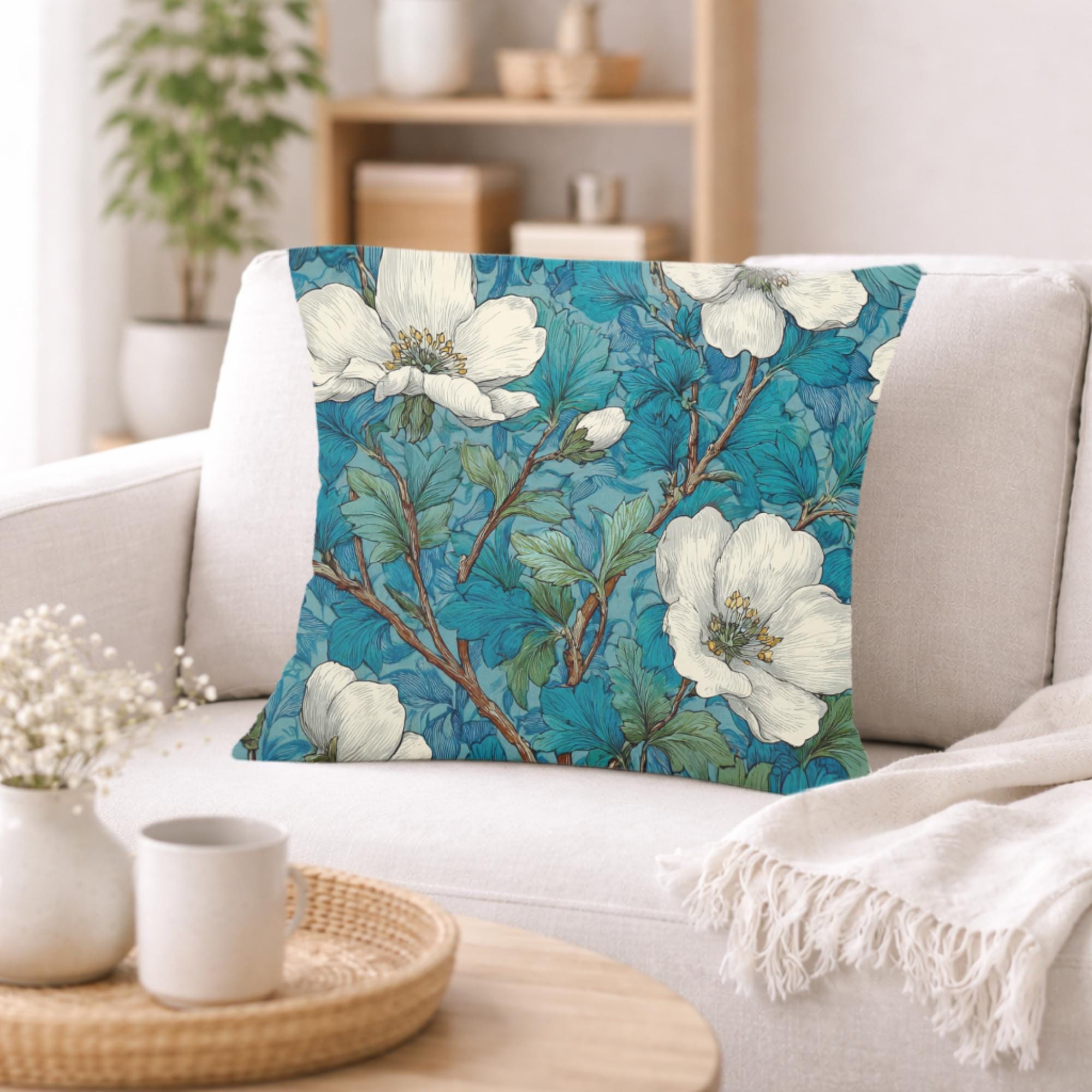 White Magnolia Pillow, Teal Botanical Floral Throw Pillow, Vintage Garden Cushion, Elegant Nature Pillowcase, Classic Cottage Decor