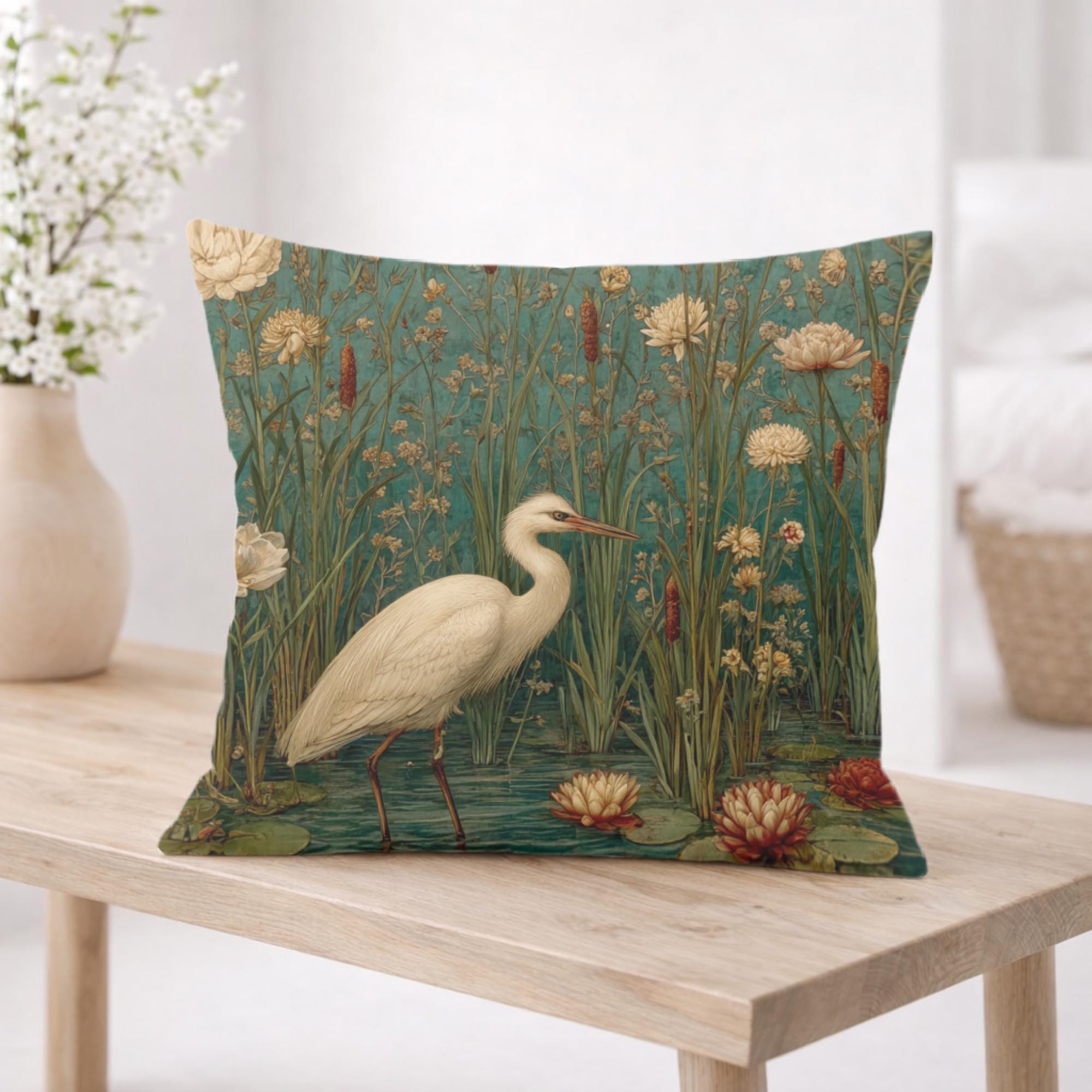 White Heron Marsh Pillow, Vintage Wetland Bird Throw Pillow, Elegant Nature Cushion, Botanical Water Garden Pillowcase, Serene Cottage Decor