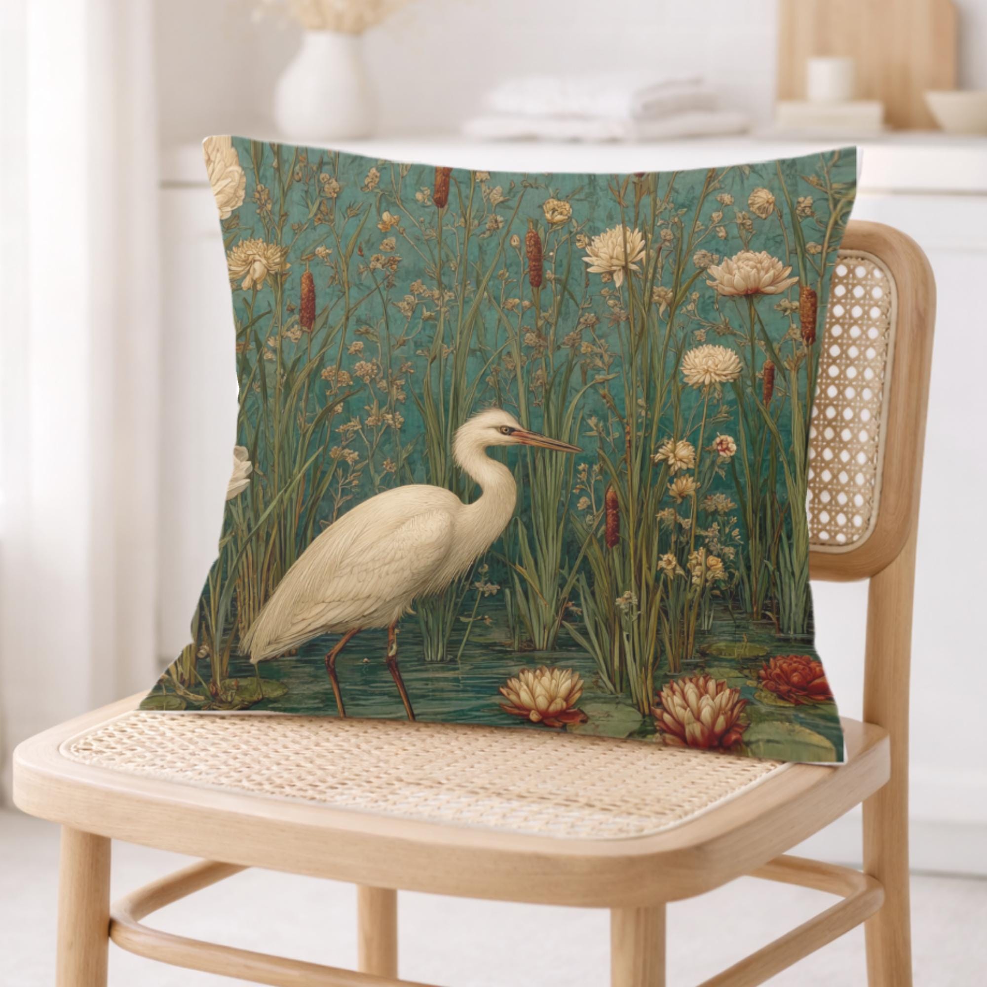 White Heron Marsh Pillow, Vintage Wetland Bird Throw Pillow, Elegant Nature Cushion, Botanical Water Garden Pillowcase, Serene Cottage Decor