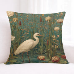 White Heron Marsh Pillow, Vintage Wetland Bird Throw Pillow, Elegant Nature Cushion, Botanical Water Garden Pillowcase, Serene Cottage Decor