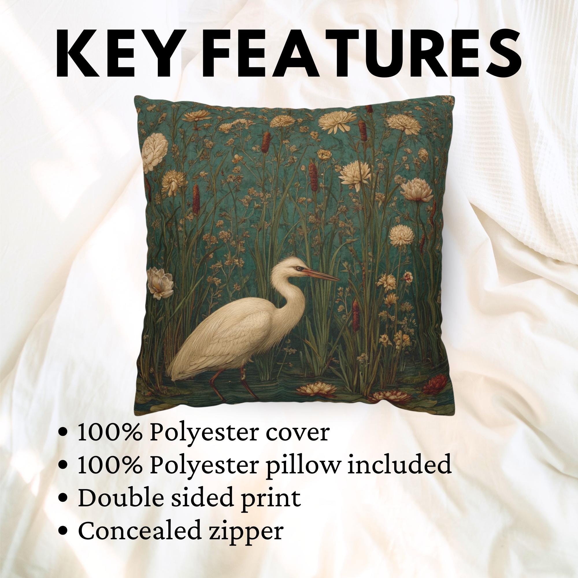 White Heron Marsh Pillow, Vintage Wetland Bird Throw Pillow, Elegant Nature Cushion, Botanical Water Garden Pillowcase, Serene Cottage Decor