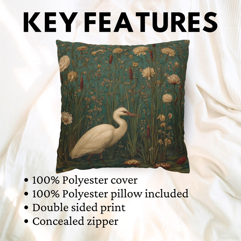 White Heron Marsh Pillow, Vintage Wetland Bird Throw Pillow, Elegant Nature Cushion, Botanical Water Garden Pillowcase, Serene Cottage Decor