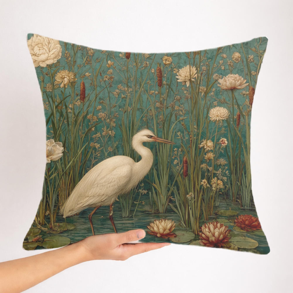 White Heron Marsh Pillow, Vintage Wetland Bird Throw Pillow, Elegant Nature Cushion, Botanical Water Garden Pillowcase, Serene Cottage Decor