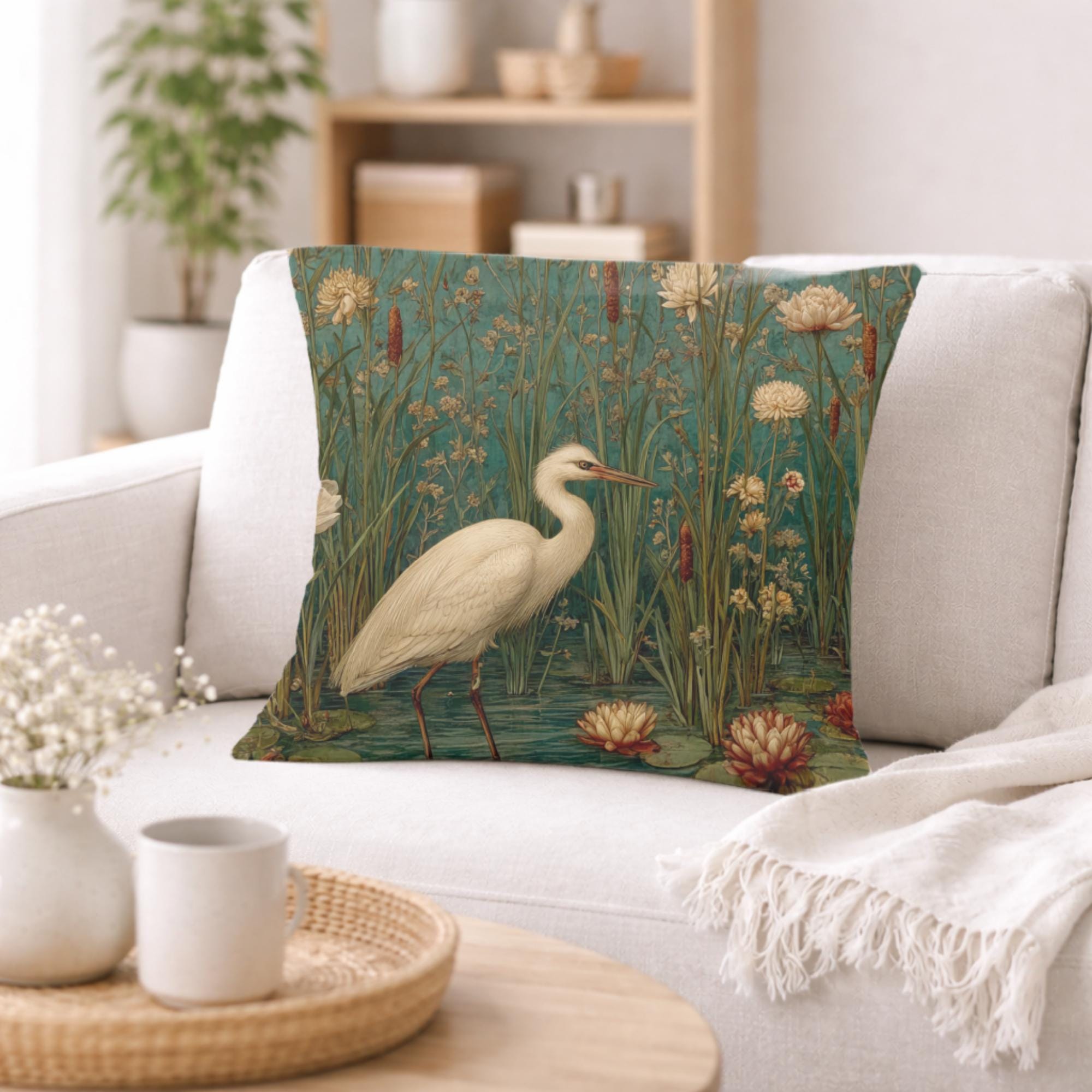White Heron Marsh Pillow, Vintage Wetland Bird Throw Pillow, Elegant Nature Cushion, Botanical Water Garden Pillowcase, Serene Cottage Decor